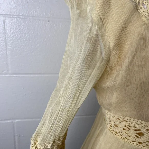 WILLI SMITH Women Silk Large Sheer Gold Yellow Long Sleeve Boho Top Crochet - Picture 4 of 7
